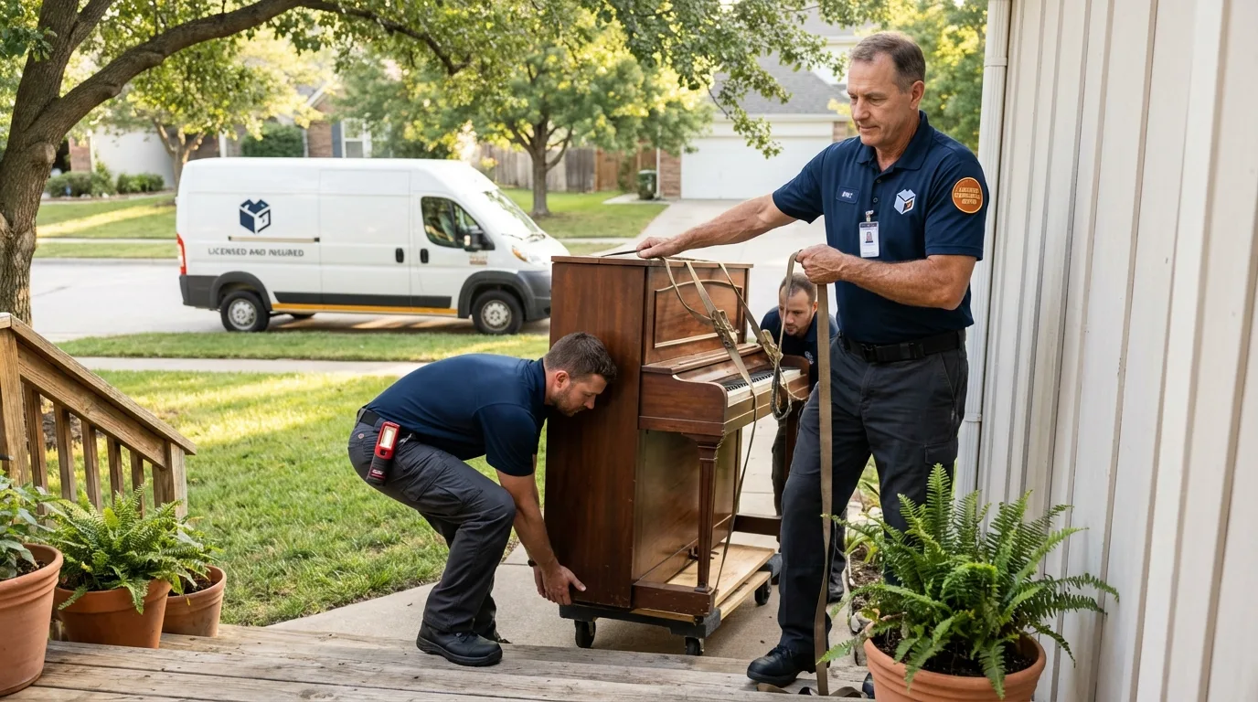 Licensed piano movers securing grand piano in Martinsville, VA
