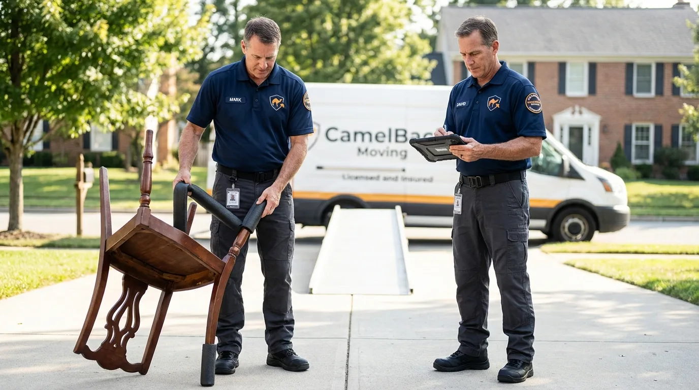 Movers inspecting furniture for damage prevention before loading in Martinsville, VA