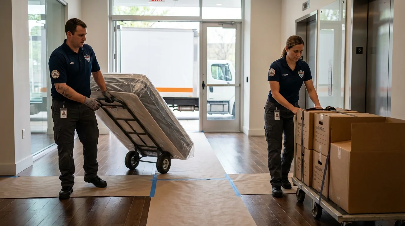 Professional apartment movers loading elevator in Martinsville, VA